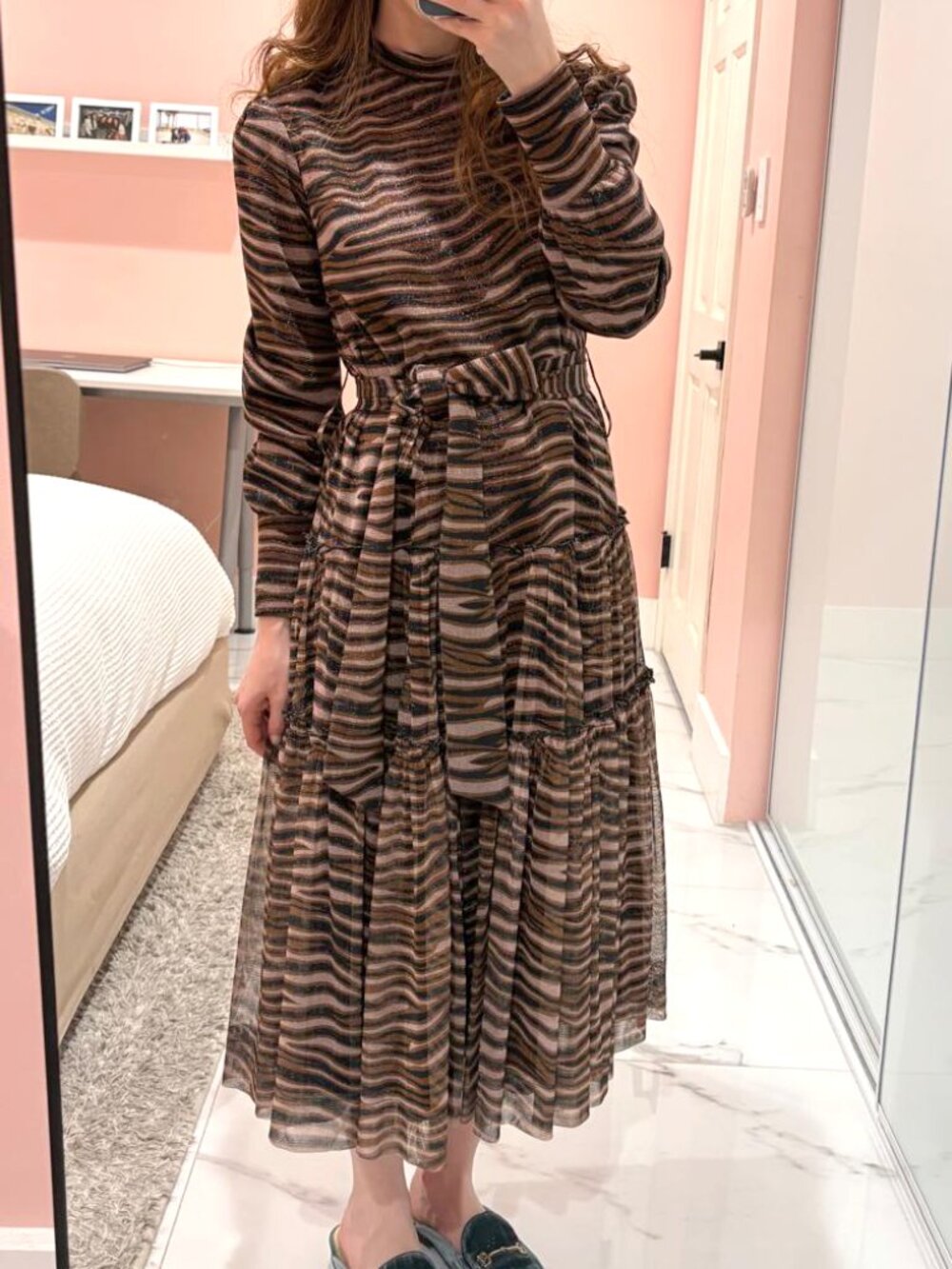 long sleeve midi metallic dress in abstract colorful zebra print